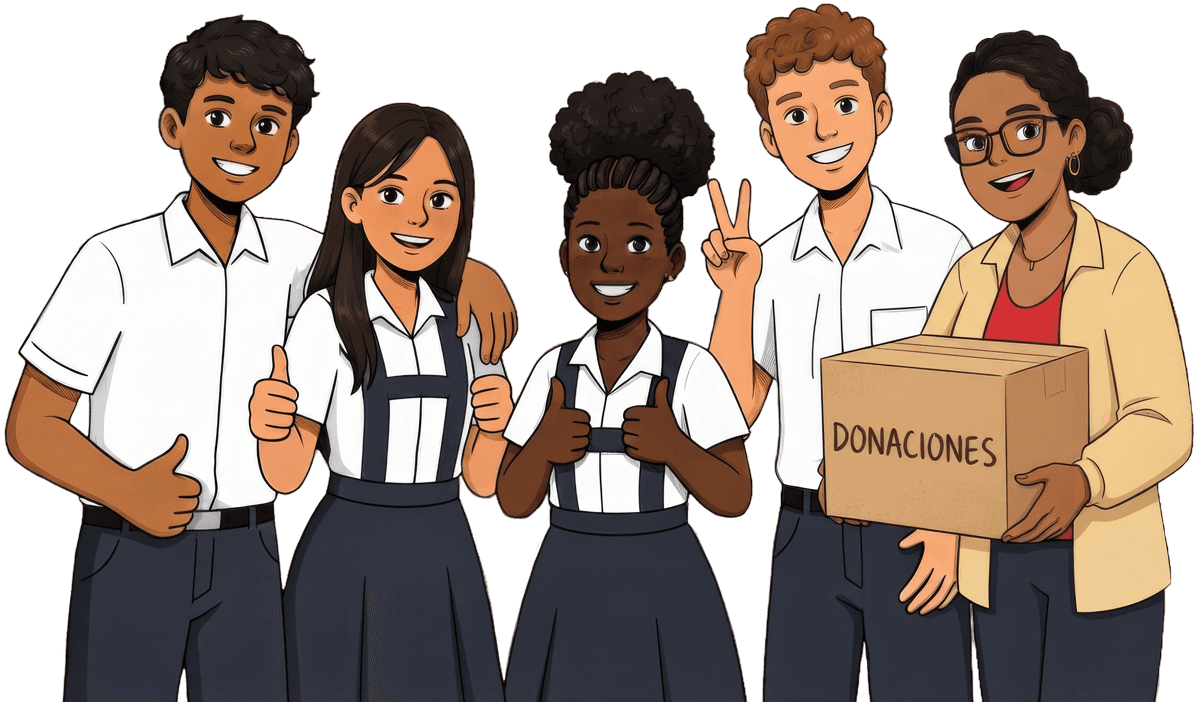 Ilustración de estudiantes frente a su escuela